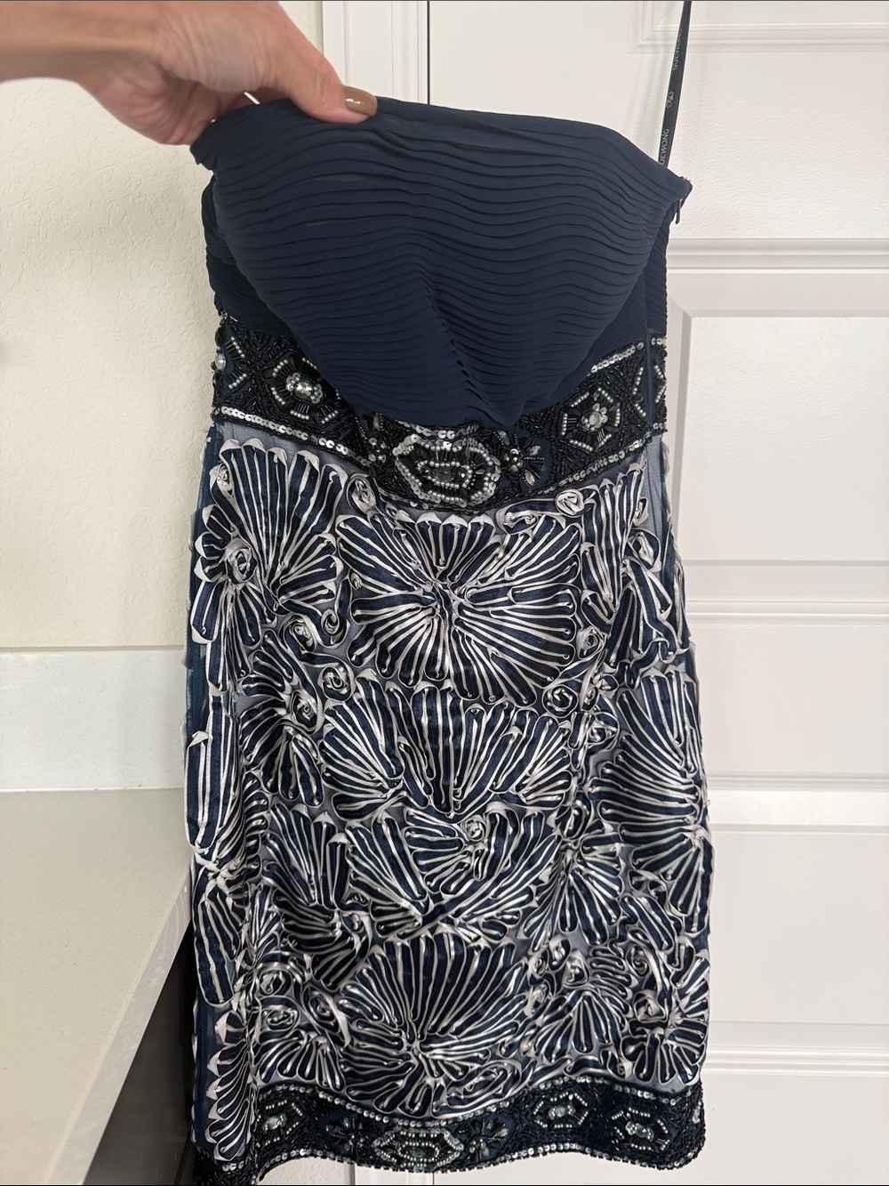 Sue Wong Navy and White Strapless Beaded Cocktail Dress